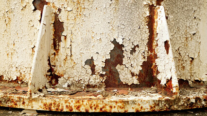 Rust of white painted metal tank wall. Rusty metal background with streaks of rust. Rust stains....
