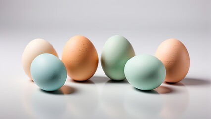 four eggs isolated on a white background. Ensure clarity and focus on the eggs, highlighting their natural shape and texture against the clean white backdrop