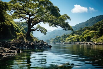 Naklejka premium Exuberant island with forests and serpentant rivers., generative IA