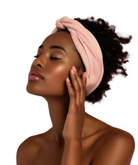 African-American woman practicing self-care with a skincare routine, promoting beauty and wellness. isolate background