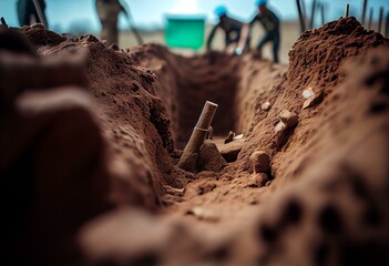Dig a trench. Earthworks, digging trench. Long earthen trench dug to lay pipe or optical fiber. Construction the sewage and drainage. View from the trench. Clay soil. Part of the image. Generative AI