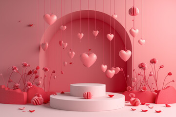 Valentines day podium with hearts on a pink background