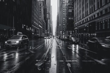 Naklejka premium Black and white photo of a street with cars and high-rise buildings