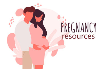 Pregnant woman with her partner. Pregnancy resources type, Young beautiful couple vector illustration. Young parents.