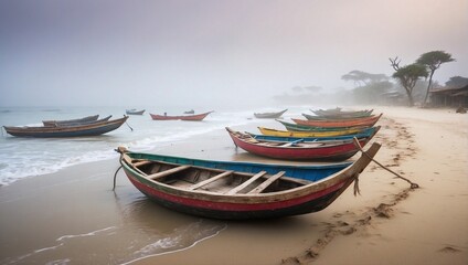 Naklejka premium landscape for wooden boats and fog, calm nature