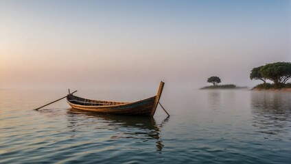 landscape for wooden boats and fog, calm nature