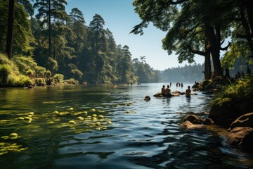 People relax in lake of thermal waters surrounded by nature., generative IA - obrazy, fototapety, plakaty