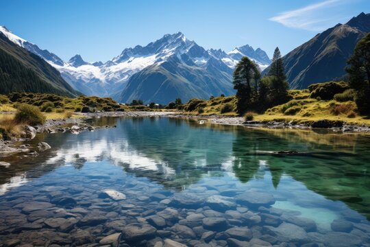 Serene lake surrounded by mountains reflects beauty., generative IA