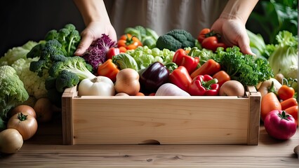 person holding a basket of vegetables, hands delicately holding a wooden box filled with fresh vegetables. Ensure the vegetables are colorful, varied, and arranged neatly within the box