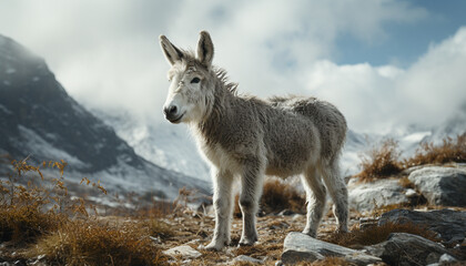 Fototapeta premium Cute goat grazing on mountain meadow, surrounded by snowy peaks generated by AI