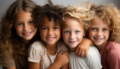 Fototapeta premium Smiling girls, cheerful boys, childhood fun, embracing togetherness, joyful laughter generated by AI