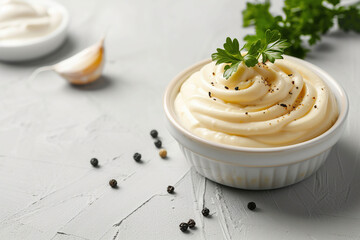 Tasty mayonnaise sauce in white ceramic bowl and ingredients on white wooden background