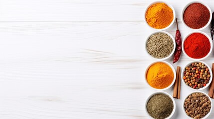 Set of various spices in a bowls on white wooden table background, border with copy space