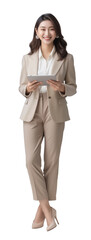 Portrait of a smiling business woman holding tablet and standing on isolate background