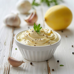 Homemade mayonnaise sauce in white ceramic bowl and ingredients for its preparation on white wooden background