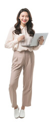 Portrait of happy Asian businesswoman holding laptop and cup of coffee isolate background