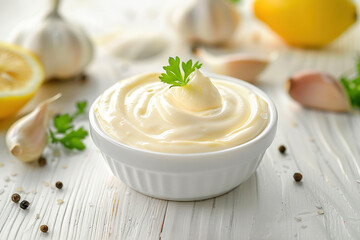 Traditional homemade mayonnaise sauce in white ceramic bowl and ingredients for its preparation on white wooden background - obrazy, fototapety, plakaty