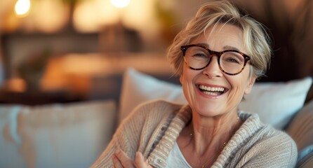Warm smiles: cheerful senior woman relaxing at home. Elegant pretty older woman in elegant glasses sitting on cozy home couch, senior happiness. - obrazy, fototapety, plakaty