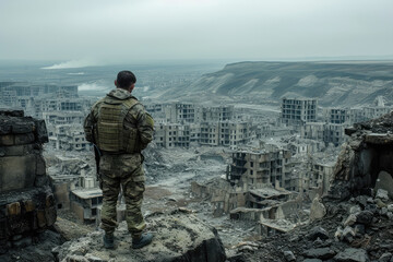 A solitary soldier looks over a devastated urban landscape, reflecting the grim reality of war and destruction.