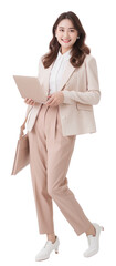 Portrait of happy Asian businesswoman holding laptop and cup of coffee isolate background