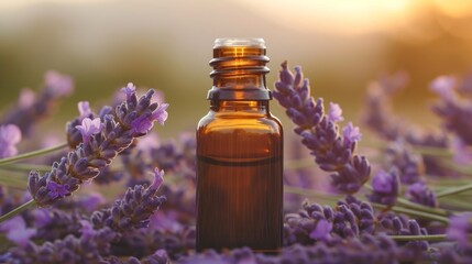  a bottle of lavender essential oil sitting on top of a field of lavender flowers with a blurry background of the bottle and the lavenders in the foreground.