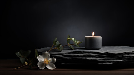 Fototapeta na wymiar Spa Background: Spa Stone, Scented Candle, and Flowers.