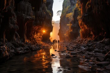 Speleologists explore cave with underground river., generative IA - obrazy, fototapety, plakaty
