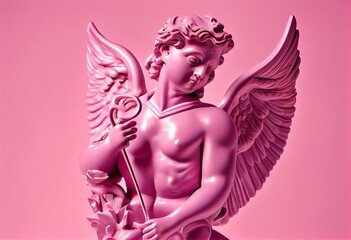 A pink cupid statue on a pink background. Generative AI
