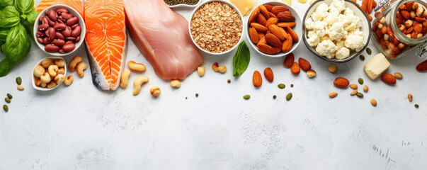A variety of nutritious foods including salmon, legumes, grains, and nuts arranged neatly on a...