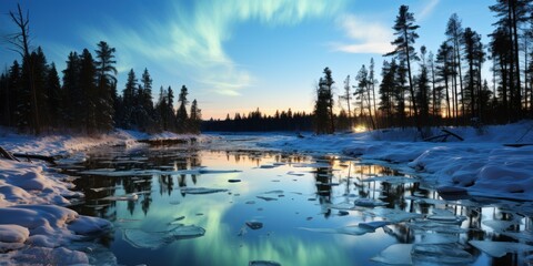 The sun is seen setting over a frozen lake, casting a warm glow on the icy surface.