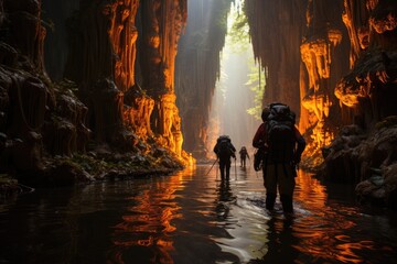 Speleologists explore cave with underground river., generative IA