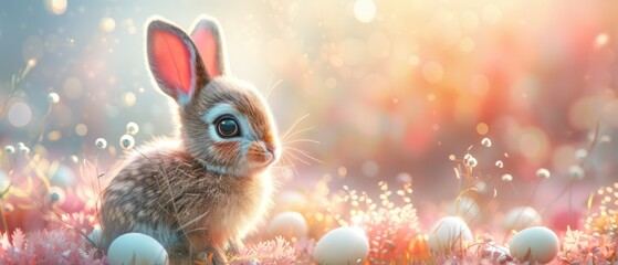 Fototapeta na wymiar bunny ears and colored egg in a grass background. Easter bunny rabbit with colorful easter eggs on a sunny spring day. Easter egg hunt concept. Generative ai