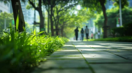 Foto op Plexiglas Sidewalk lined with thriving plants and trees in a sustainable urban setting, promoting eco-friendly living and pedestrian health through a well-designed walkway. © TensorSpark