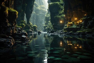 Underground lake mirrored in deep cave., generative IA