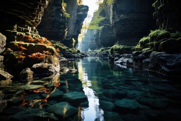 Underground lake mirrored in deep cave., generative IA