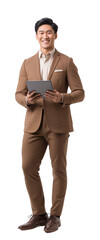 Full length Portrait of a smiling Asian businessman tablet isolate background