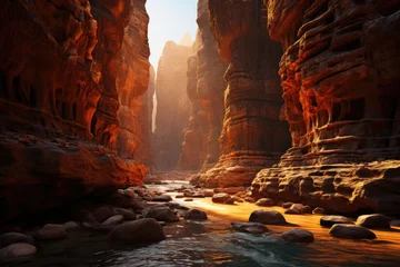 Deurstickers Canyon at dawn, golden light on the walls., generative IA © JONATAS
