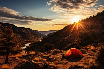 Isolated camp overlooking canyon at sunset., generative IA