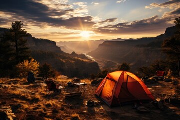 Isolated camp overlooking canyon at sunset., generative IA