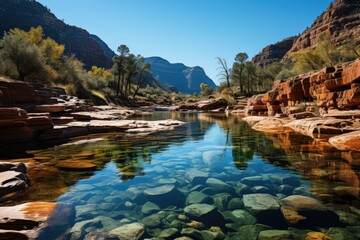 Fototapeta na wymiar Canyon with pools reflecting clear sky., generative IA