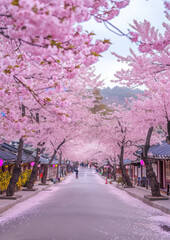 Cherry blossom festival in Korea, Japan, trees, park, spring, nature, pink flowers, street, road, oriental culture, architecture, national holiday, sakura, symbol, postcard, space for text