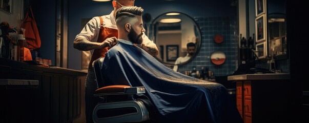 Hipster customer sitting on the chair in barber shop