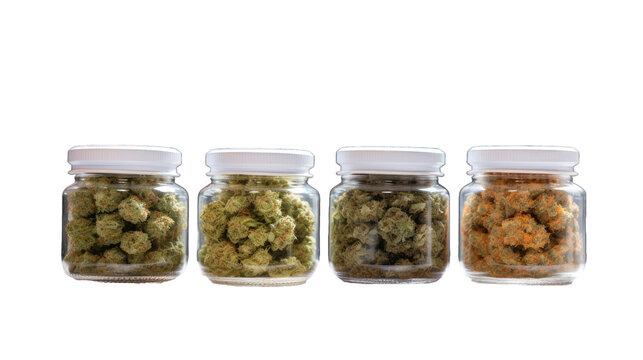 various cannabis strains in jars, Medical cannabis, marijuanna
