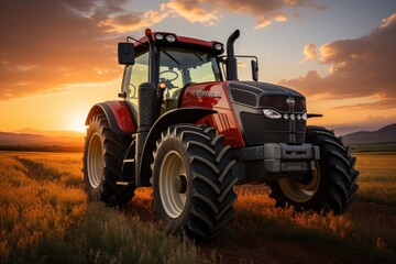 Red tractor working on a newly prepared field at sunset., generative IA