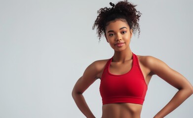 Fit and healthy young black African American woman in red athletic wear, showcasing sports bra in...