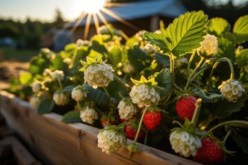 Ripe strawberries in high beds under the sun., generative IA