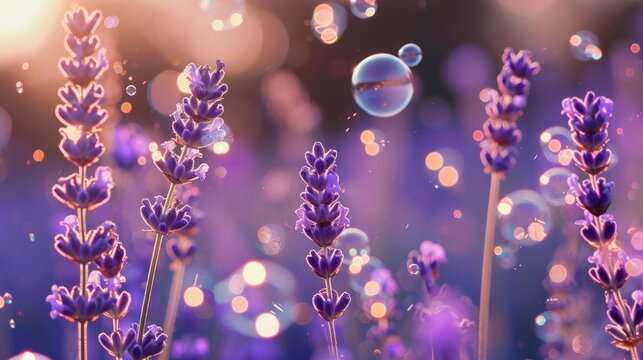  a close up of a bunch of purple flowers with bubbles in the air and a blurry image of a soap bubble in the middle of the top of the picture.