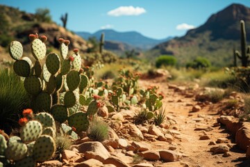 Desert with cacti on stony soil., generative IA