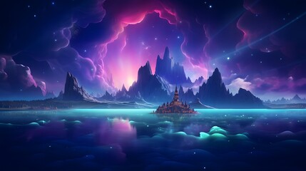 Enchanted floating islands bathed in a neon aurora with creatures riding luminescent waves, casting vibrant reflections on the dreamy water