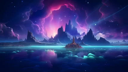 Fototapeten Enchanted floating islands bathed in a neon aurora with creatures riding luminescent waves, casting vibrant reflections on the dreamy water © Graphica Galore